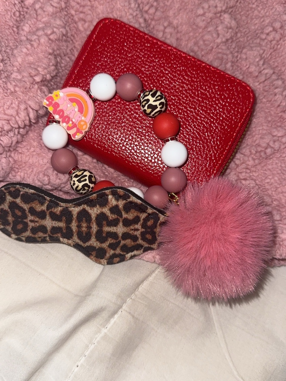 Pink Pom Pom and Beaded Wristlet Keychain